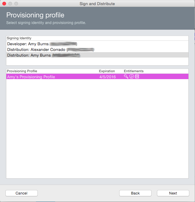 Select the signing identity and corresponding provisioning profile