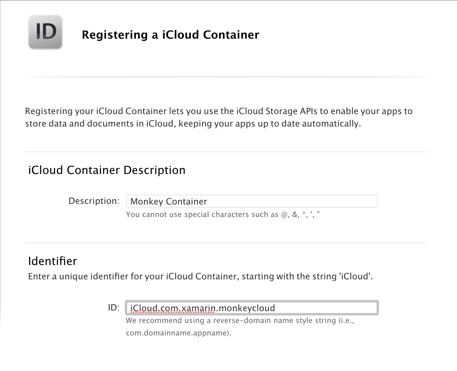 Screenshot shows Registering an i Cloud container.