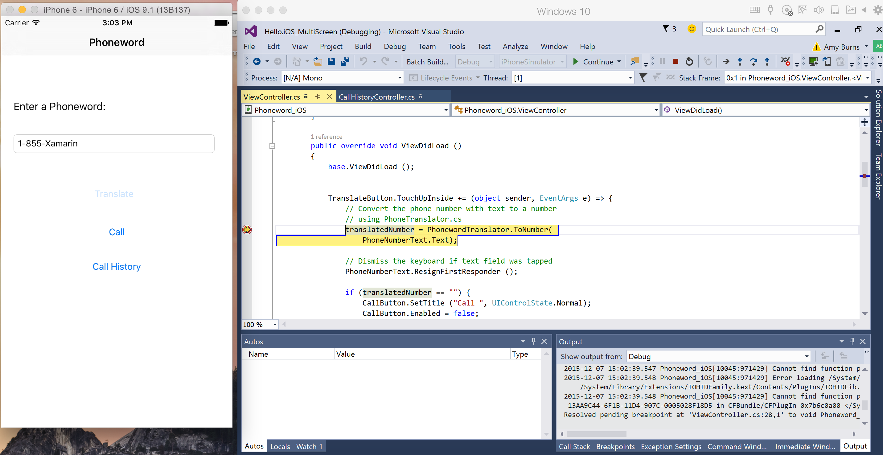 This screenshot shows the iOS Simulator running next to Visual Studio using Parallels on macOS