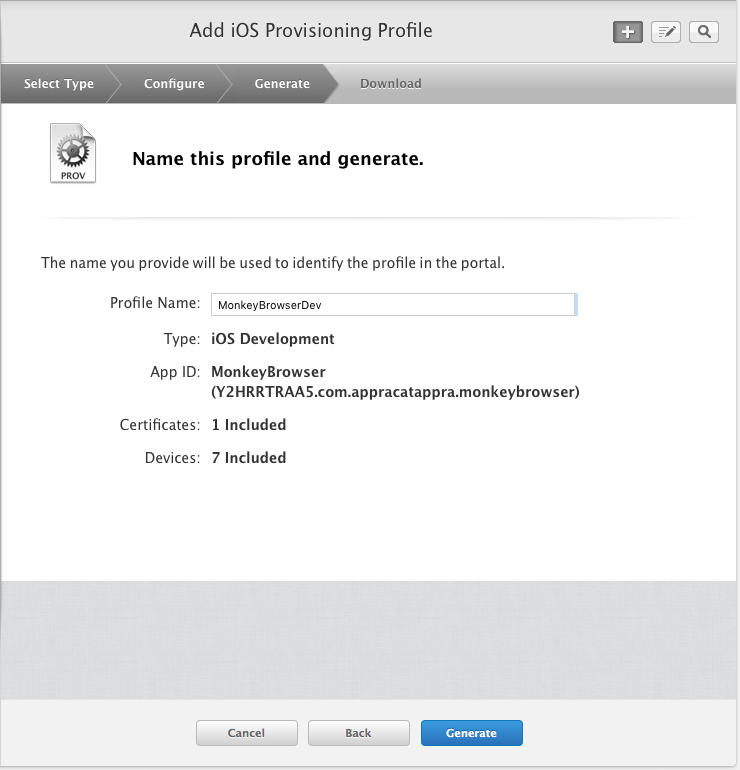 Create a new development provisioning profile for the app