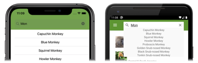 Snímek obrazovky s výsledky hledání v obslužné rutině Shell SearchHandler v iOSu a Androidu s výsledky částečného řetězce M o n