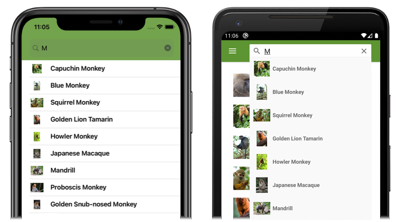 Snímek obrazovky s výsledky hledání v obslužné rutině Shell SearchHandler v iOSu a Androidu