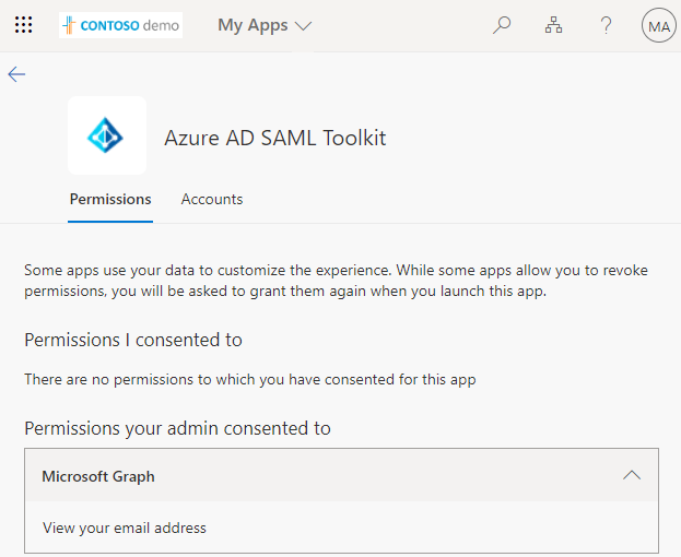 Screenshot that shows permissions granted for an application in the My Apps portal.