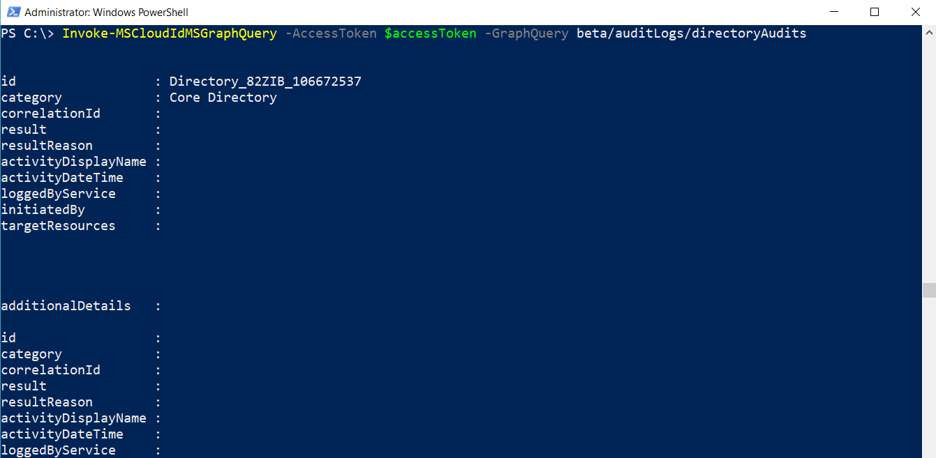Screenshot shows a PowerShell window with a command to query the directoryAudits endpoint using the access token from earlier in this procedure.