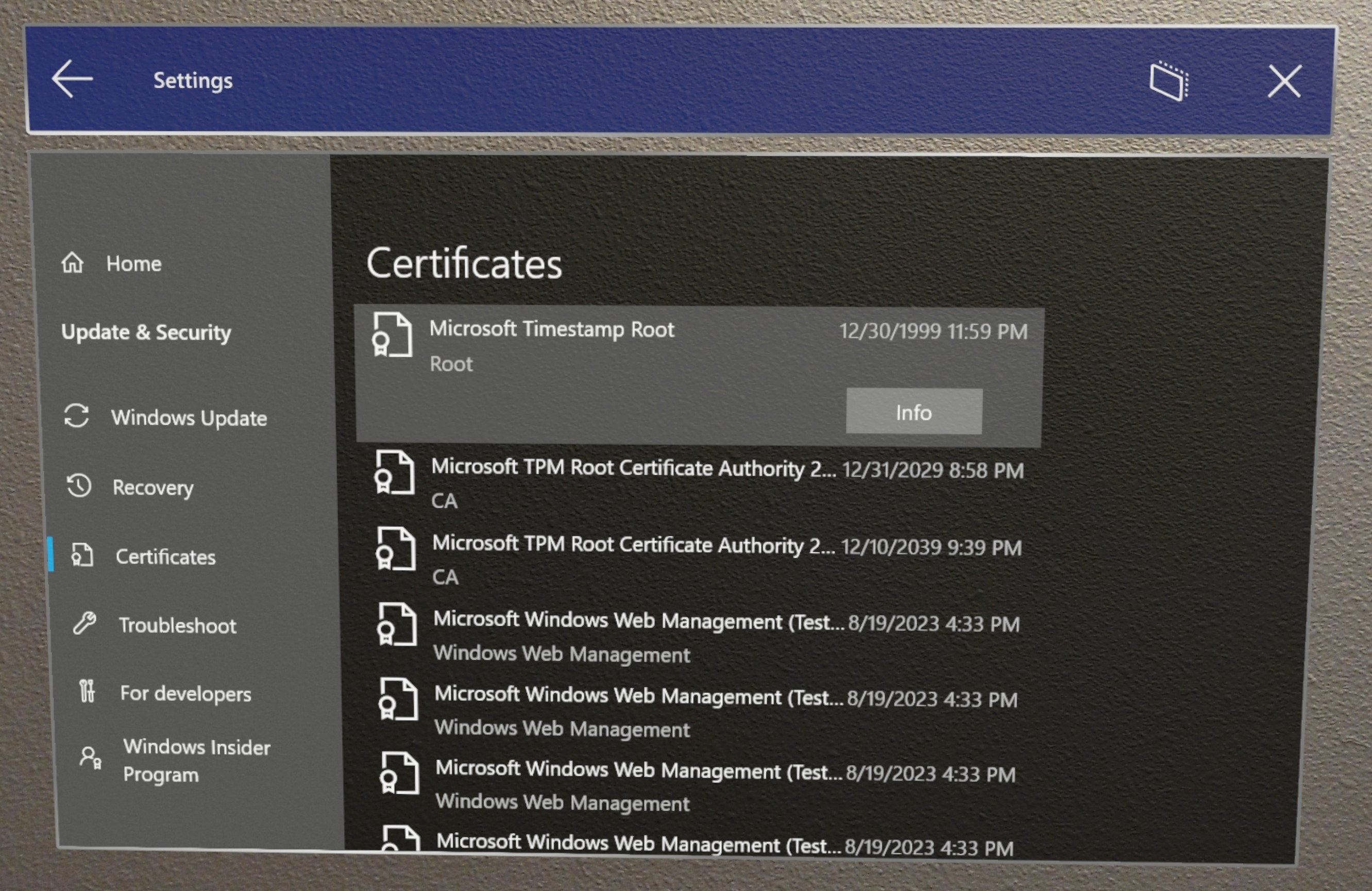 Certificate viewer in the Settings app.