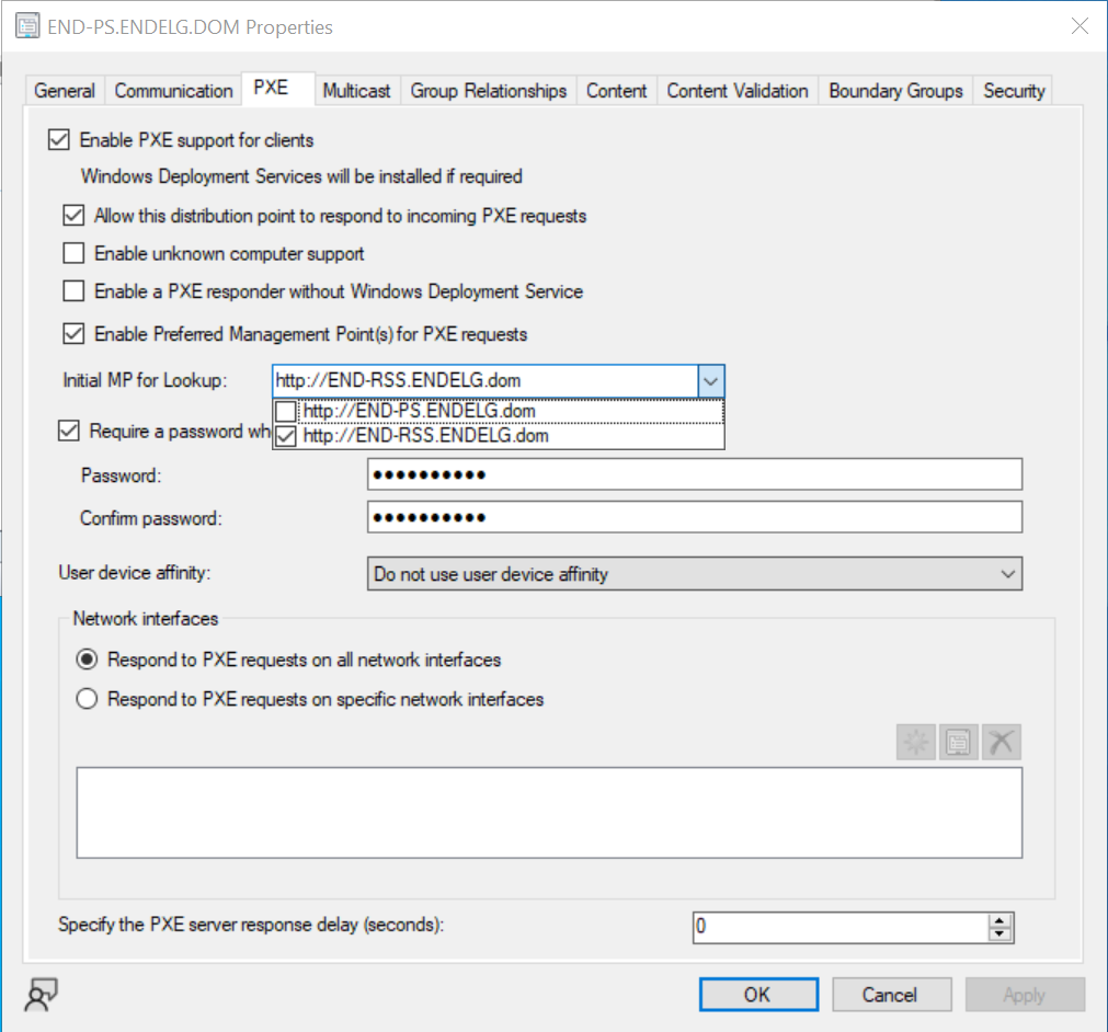 Screenshot of how to enable OSD preferred MP option for PXE boot scenario.