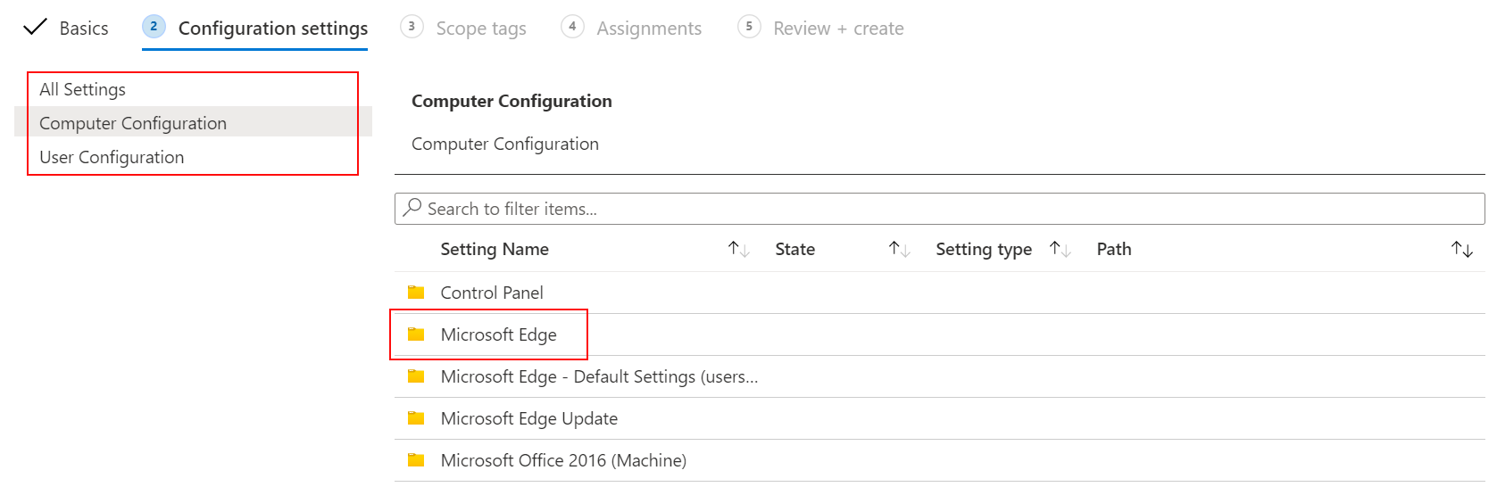 Screenshot that shows the ADMX settings for user configuration and computer configuration in Microsoft Intune and Intune admin center.