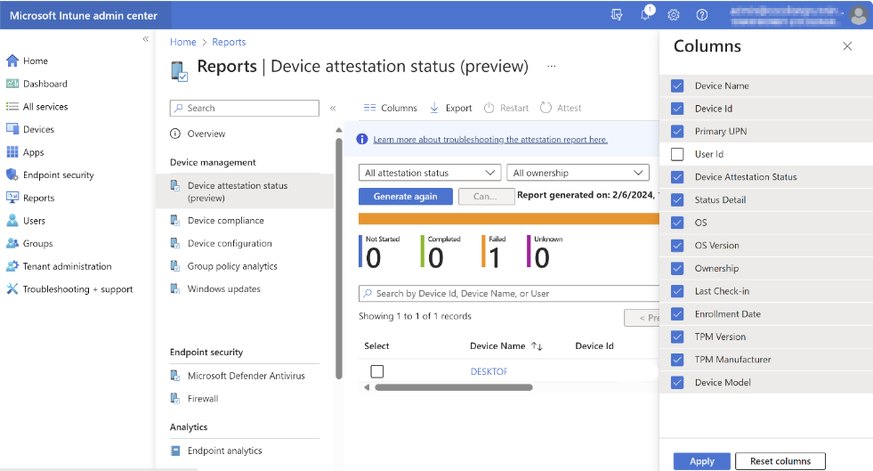 Screenshot of Device attestation report