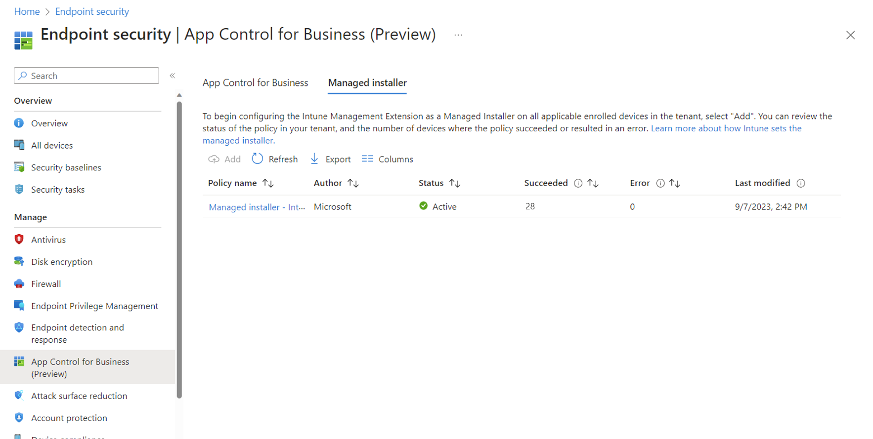This screen capture shows a view of the managed installer policy Overview page.