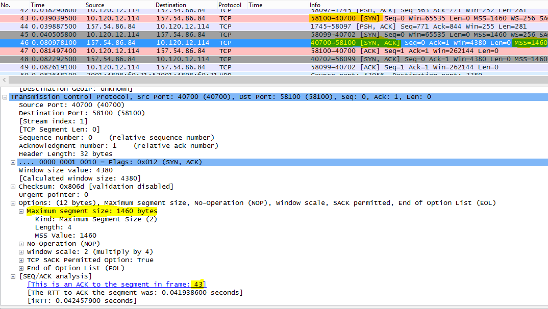 Sporing filtreret i Wireshark efter tcp.options.mss for Maksimal segmentstørrelse (MSS).