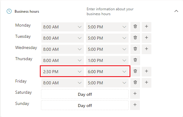 Billede af brugergrænsefladen for åbningstider med tilføjede timer.