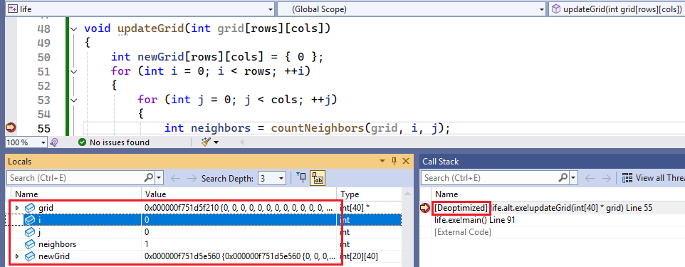 A screenshot that shows debugging the updateGrid function.
