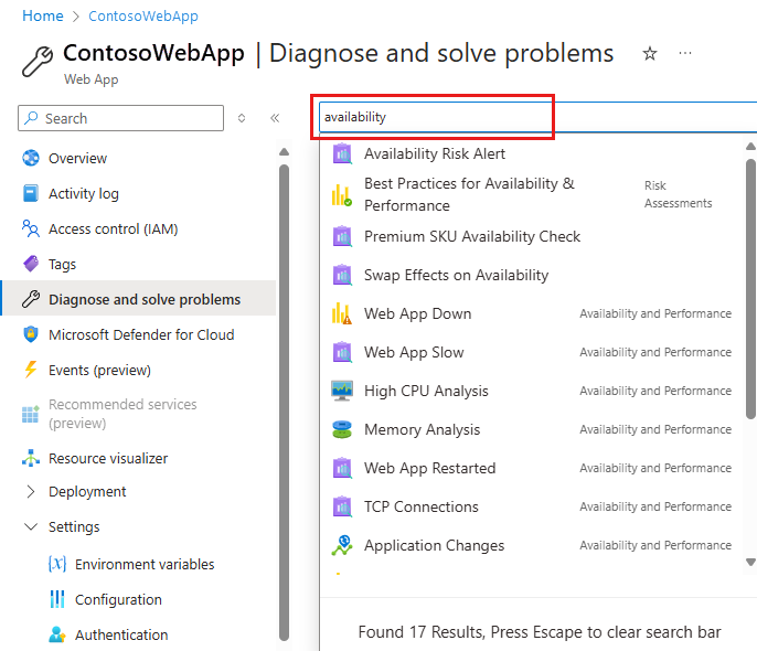 Screenshot that shows search results related to availability in the search box in the portal.