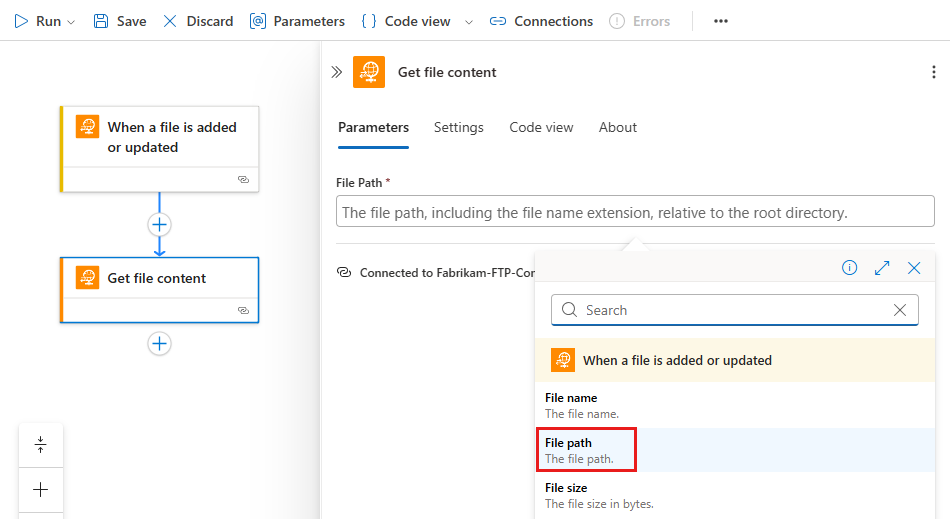 Screenshot shows workflow designer and Get file content action with the dynamic content list open and File path highlighted.