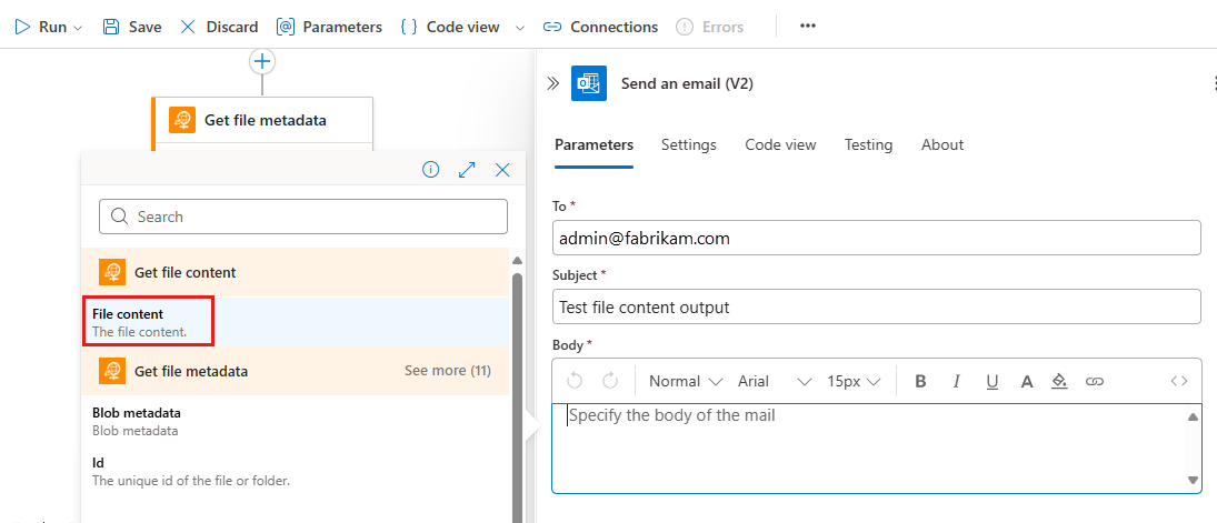 Screenshot shows workflow designer with Send an email action dynamic content list opened with File content highlighted.