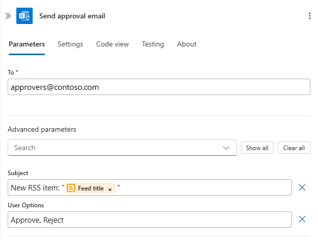 Screenshot shows the Send approval email action with parameters where you can enter an address and User Options values.