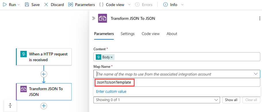 Screenshot showing Consumption workflow, Liquid action's Map property, and the selected template.