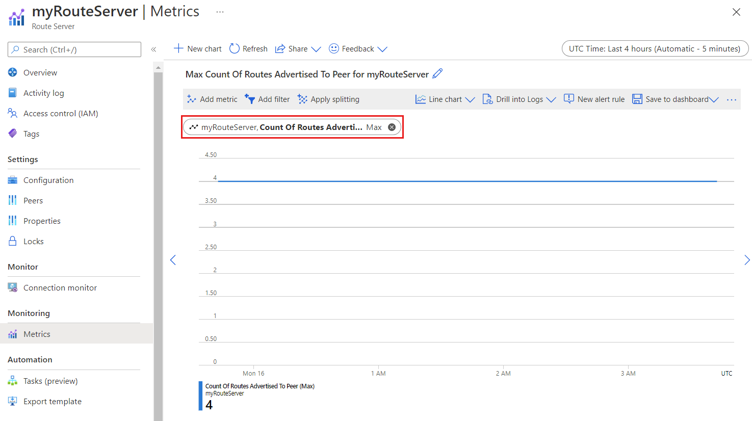 Screenshot showing count of routes advertised to peers.