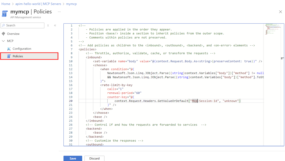 Screenshot of the policy editor for an MCP server.