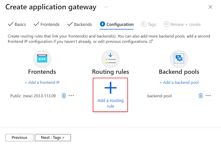 Screenshot that shows how to select 'Add a routing rule' for the application gateway Configuration settings in the Azure portal.