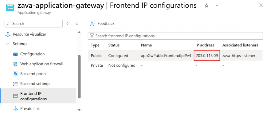 Screenshot that shows how to locate the public frontend IP address for the application gateway in the Azure portal.