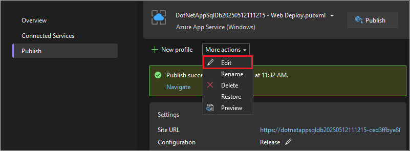 Screenshot that shows opening publish settings.