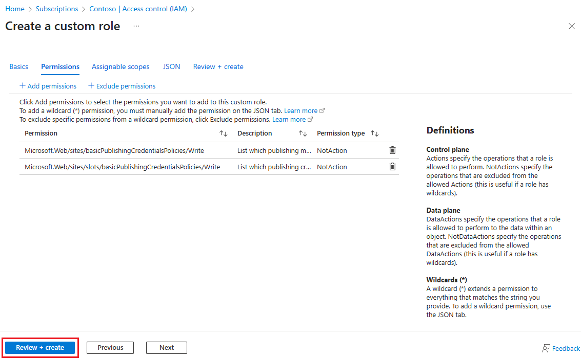 Screenshot that shows excluding Write for basicPublishingCredentialsPolicies.