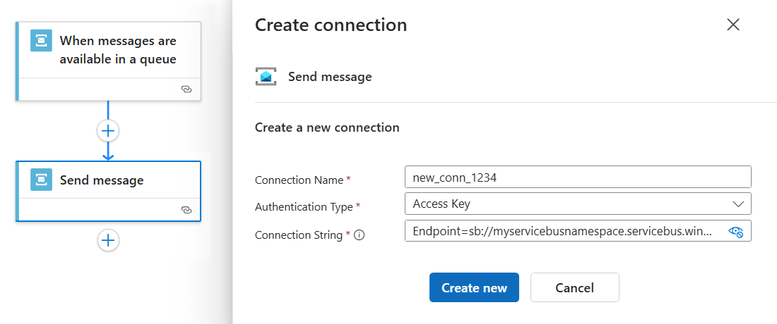 Screenshot that shows access key authentication and provides the connection string for a Service Bus namespace in a Standard workflow.