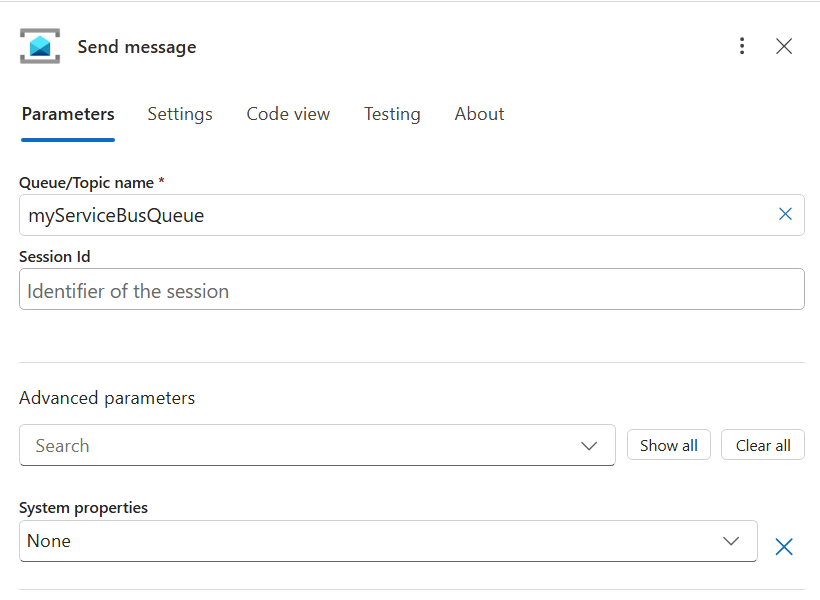 Screenshot that shows the Send message Service Bus action with example information in a Consumption workflow.