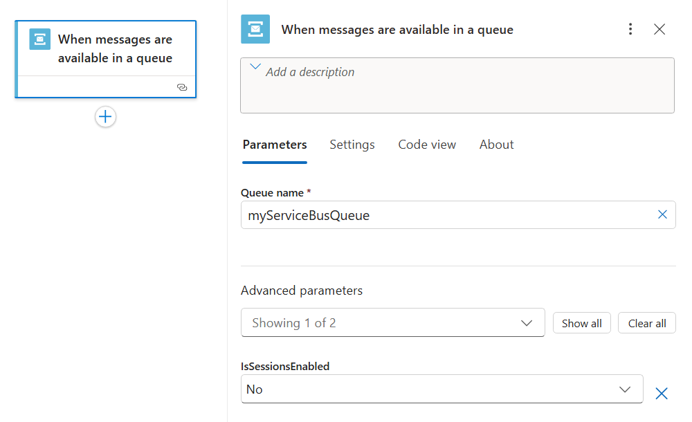 Screenshot that shows the new Service Bus built-in trigger with example information in a Standard workflow.