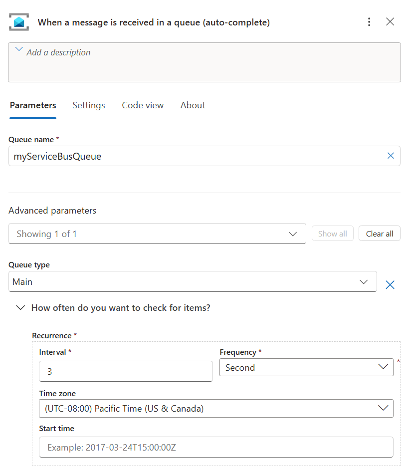 Screenshot that shows the new Service Bus managed trigger with example information in a Consumption workflow.