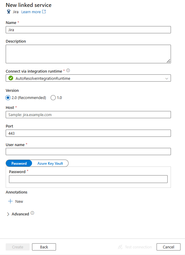 Configure a linked service to Jira.