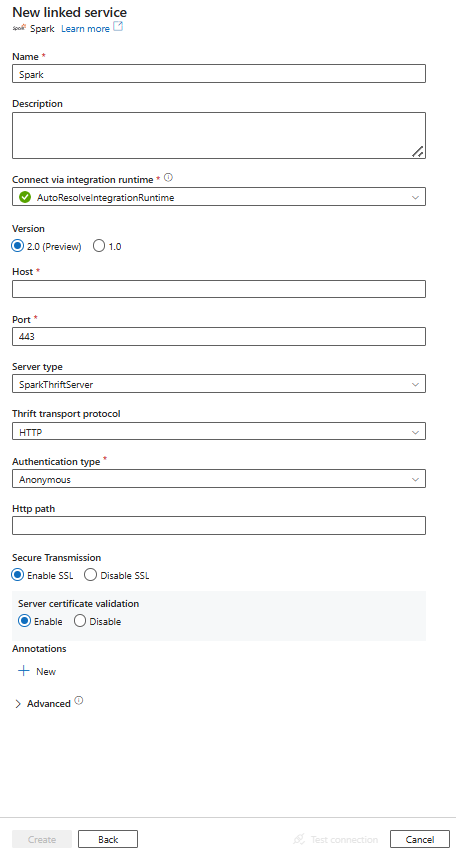 Screenshot of linked service configuration for Spark.