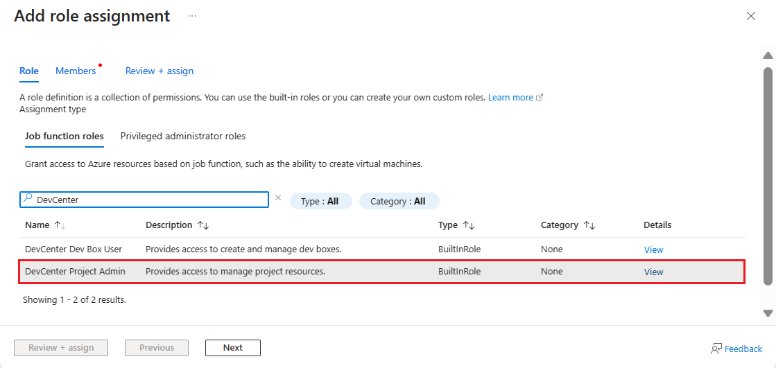 Screenshot of the Add role assignment pane with DevCenter Project Admin role selected in the Azure portal.