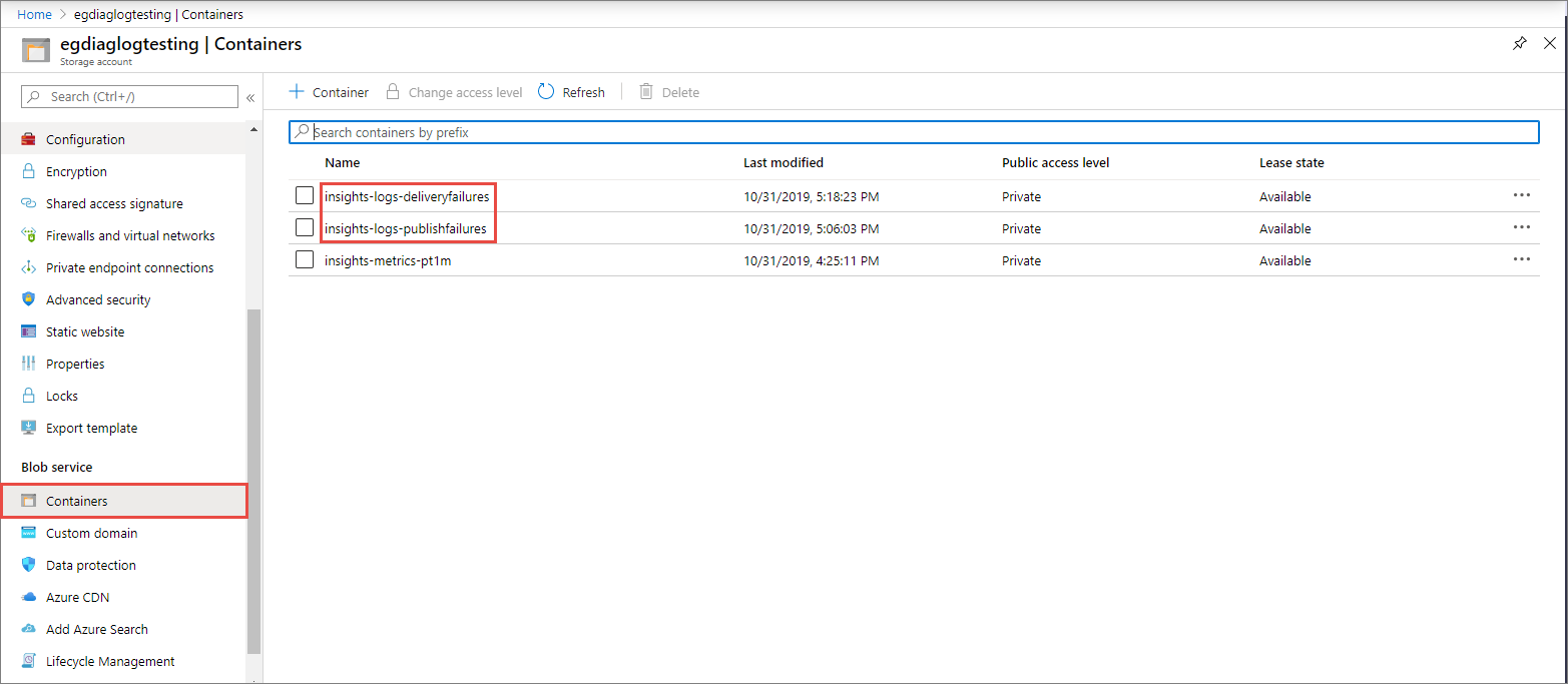 Screenshot that shows the storage account containers for diagnostic logs.