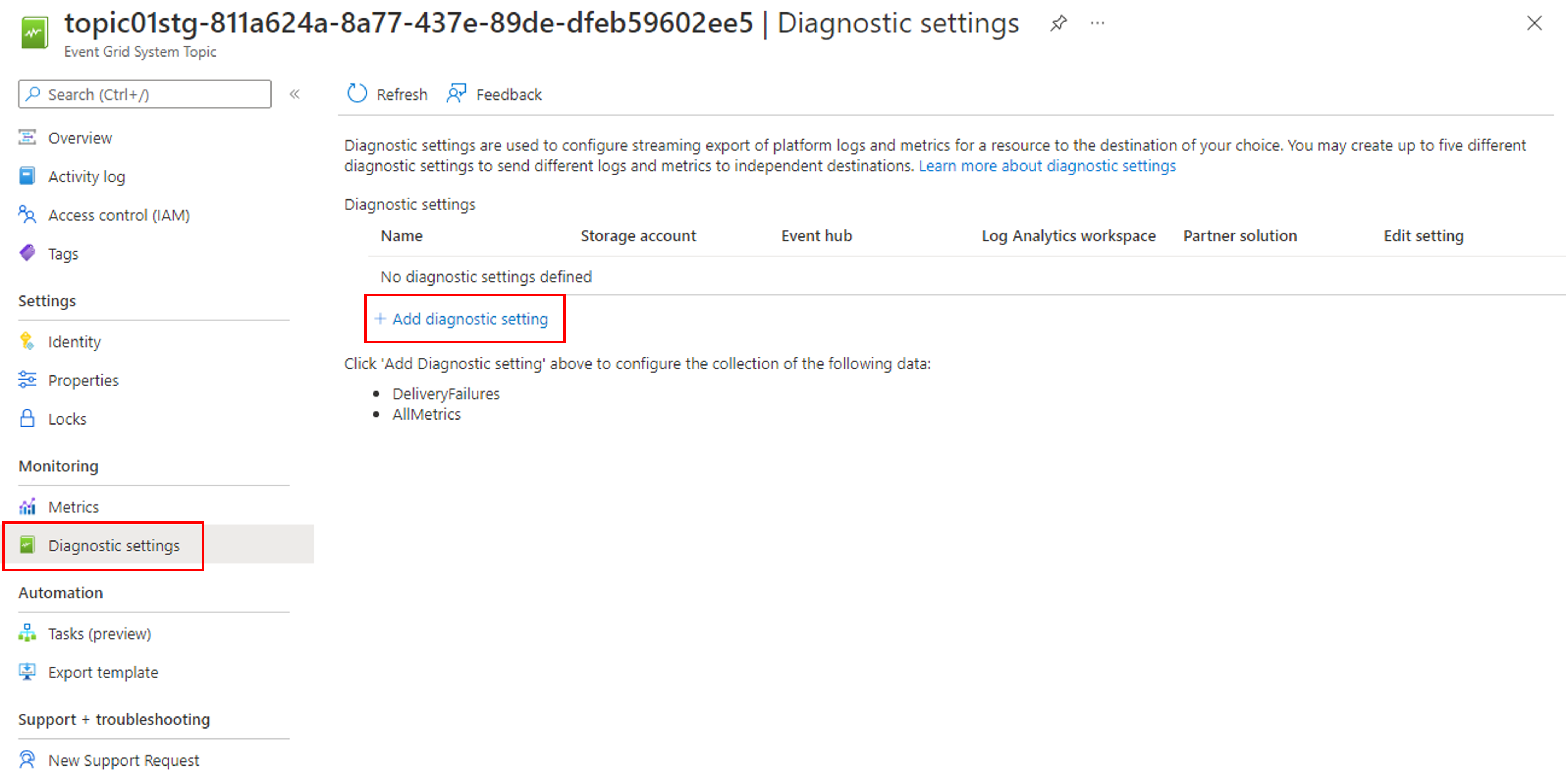 Screenshot that shows the Diagnostic settings page of a system topic with the Add diagnostic setting button.