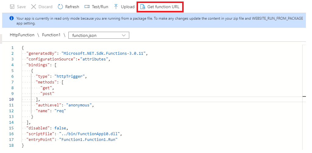 Screenshot of the Azure Function URL used as the Event Grid event subscription endpoint in the Azure portal.