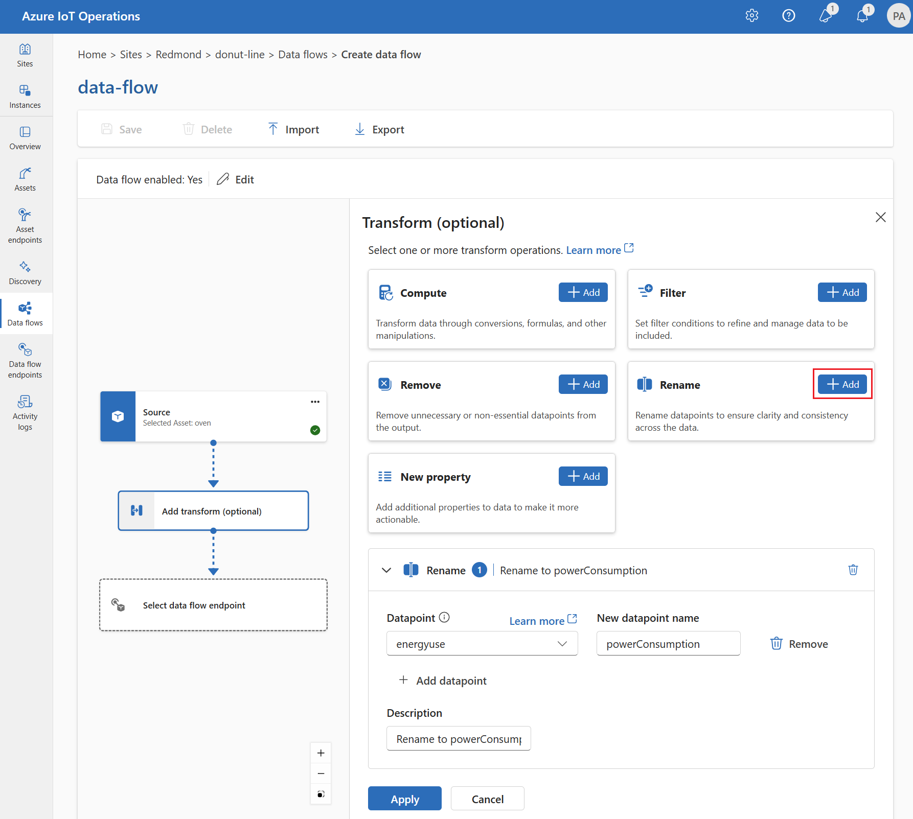 Screenshot using operations experience to rename a datapoint.