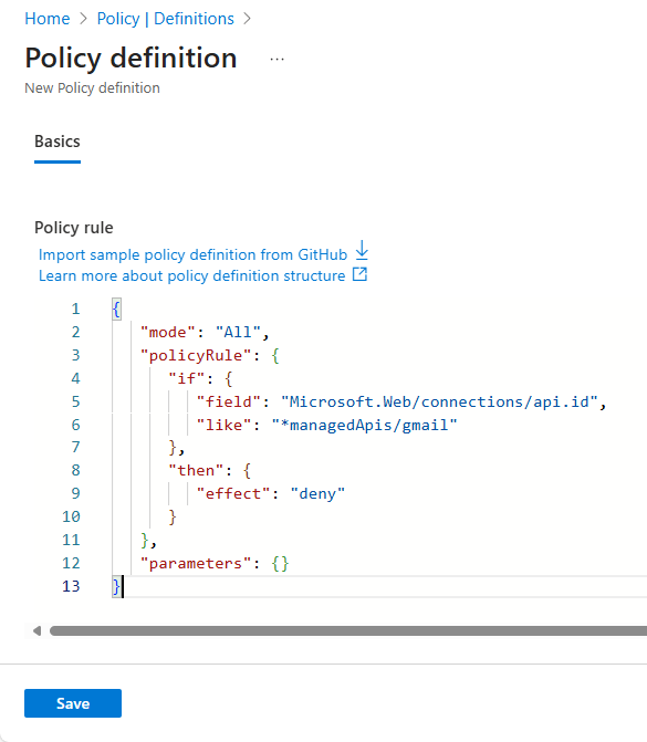 Screenshot shows the Policy rule box with a policy rule example.