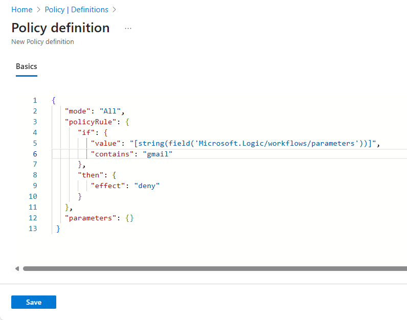 Screenshot shows a policy definition rule.