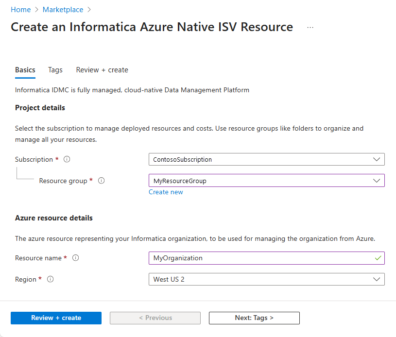 Screenshot of Basics pane of the Informatica create experience.