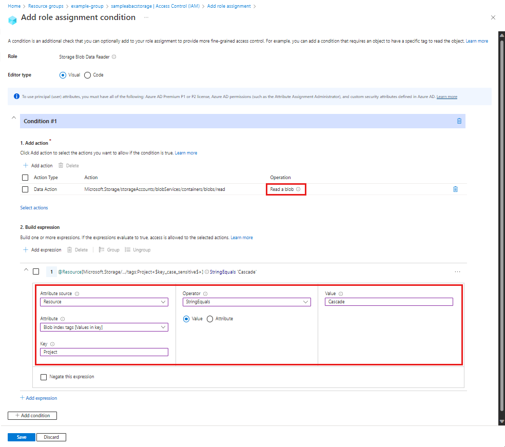 Screenshot of condition editor in Azure portal showing read access to blobs with a blob index tag.