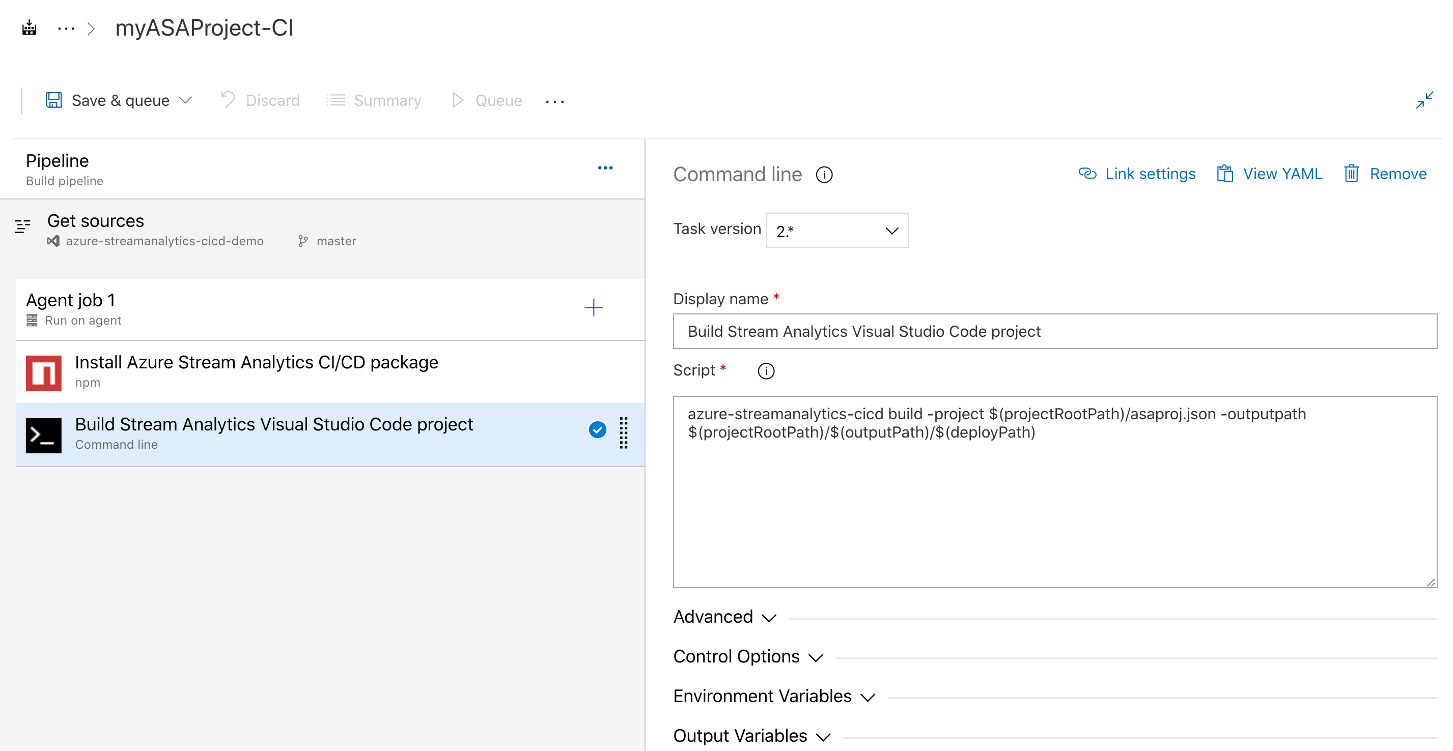 Screenshot of Azure DevOps pipeline editor showing a command line task to build a Stream Analytics Visual Studio Code project.