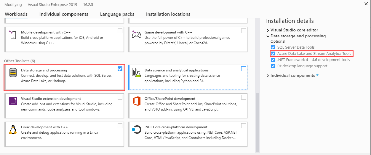 Screenshot of the Visual Studio Installer with the Data storage and processing workload selected.