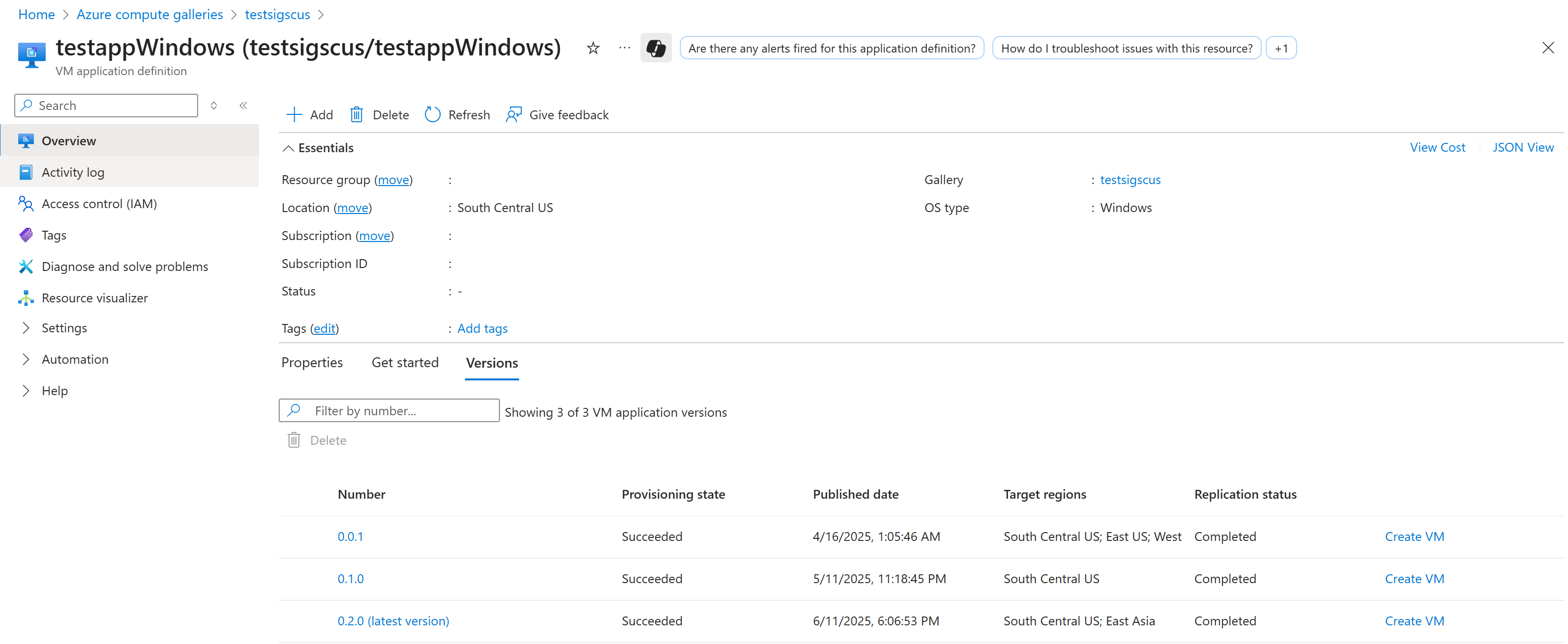 Screenshot showing VM Application properties & all versions in the Azure portal.