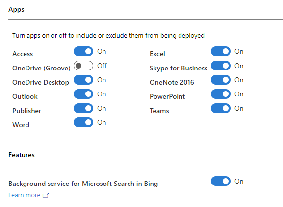 A screenshot of Configuration settings for apps and features in Microsoft 365, showing various apps and the background service for Microsoft Search in Bing.