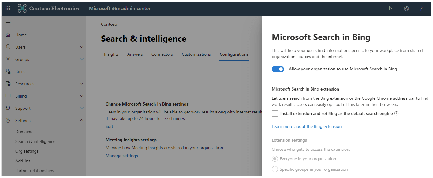 A screenshot of Microsoft 365 admin center settings for configuring Microsoft Search in Bing, including extension settings and search results configurations.