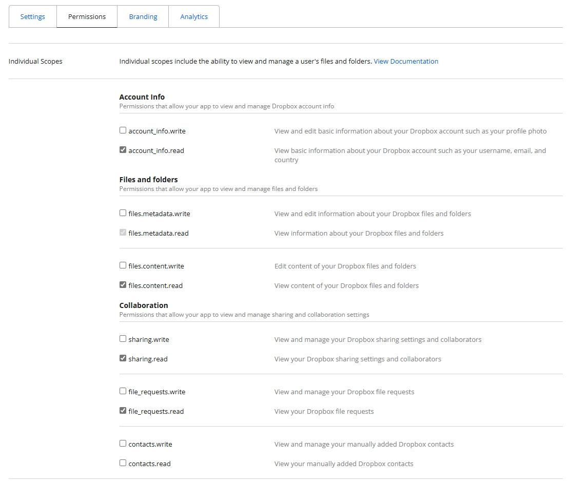 Screenshot of the permissions tab.