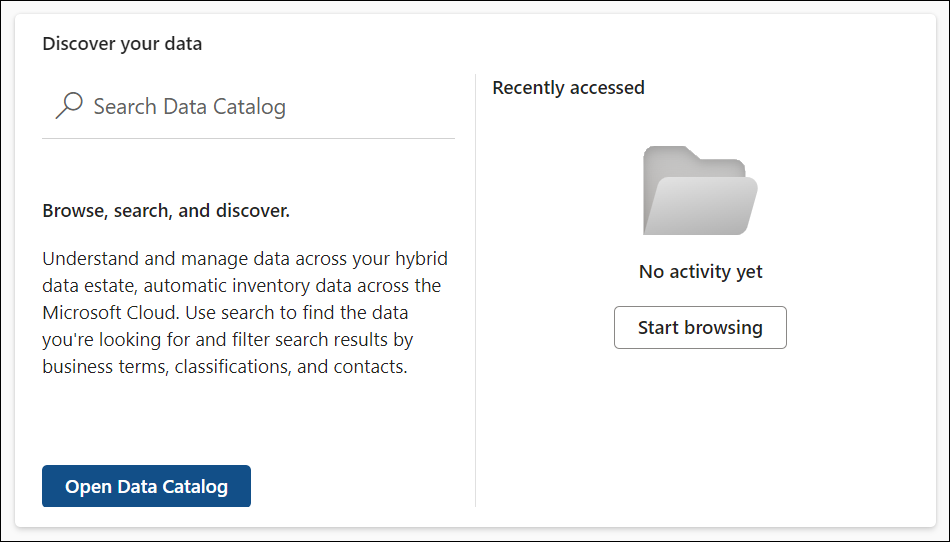 Screenshot of the Discover your data card in the Microsoft Purview portal highlighting data discovery and Unified Catalog search options.
