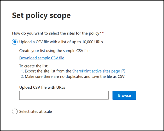 Screenshot showing the option to upload a CSV site list.